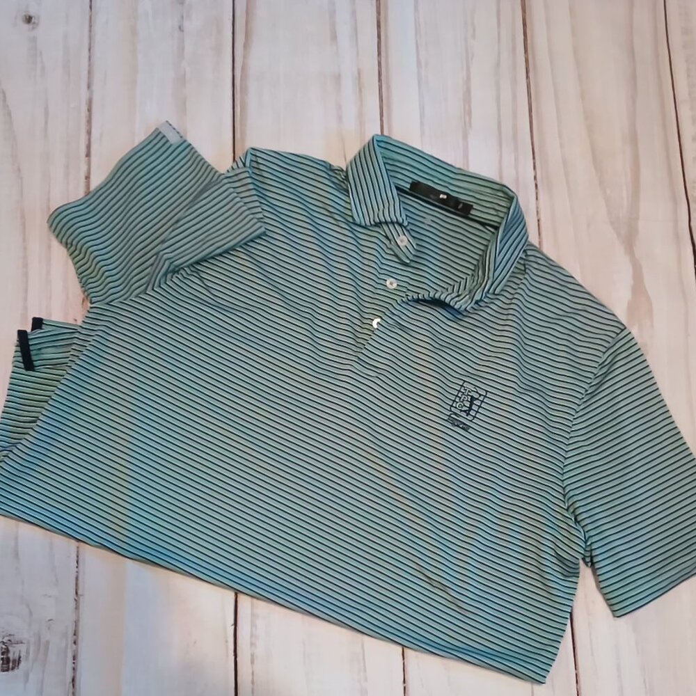 Ralph Lauren Mens TPC Sawgrass Blue Green And White Striped Collared Golf Shirt⛳